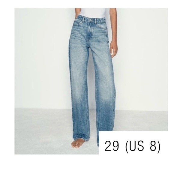Zara 1975 High Waist Long Length Medium Wash Straight Cut Jeans 8 - Picture 1 of 9